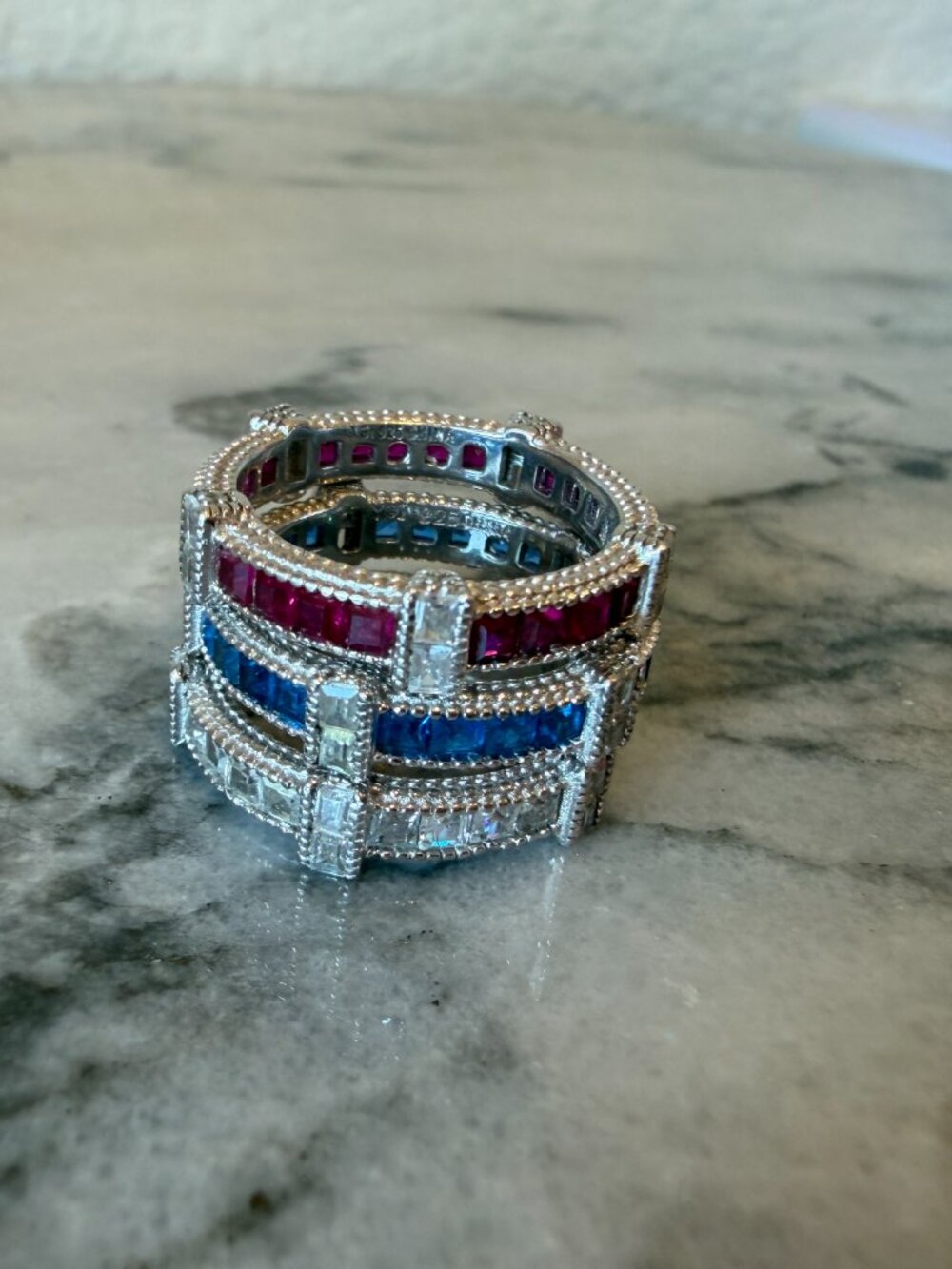 Art Deco 925 Sterling Ruby Red, Diamond White & Sapphire Blue CZ Stack Ring Set